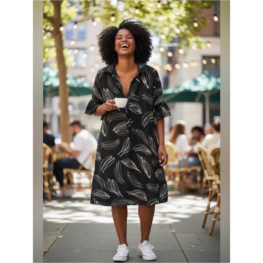 NEW Chico's Flounce Sleeve Tahiti Popover Dress Black Tan Abstract Leaf Women XL